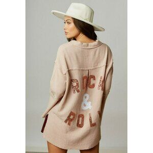 Rock & Roll Sequin Patch Oversized Shirt in Taupe